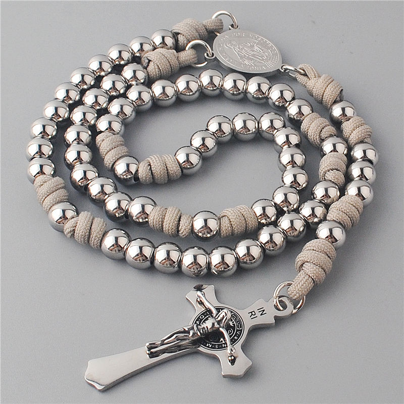 Stainless Steel 8mm Beads Paracord Rosary for Men - Silver Virgin