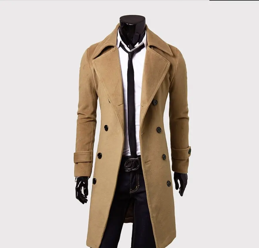 New men's double-breasted trench coat, medium-long slim casual woolen coat M-4XL