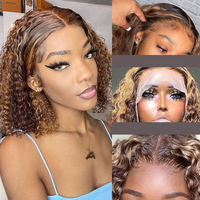 Perruque courte bouclée profonde avec dentelle frontale, 100 % cheveux humains, ombré blond, ondulations aquatiques, perruque frontale HD 13x4