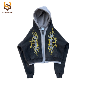 Sudadera con capucha de algodón grueso OEM para hombre, con logo personalizado, efecto deslavado, doble capa y cremallera. - Product Image 3