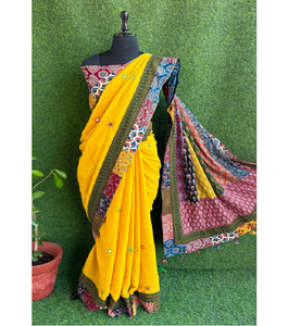 Saree en coton de créateur fait à la main avec patch et miroir Vêtements indiens et pakistanais avec glands élégants - Product Image 1