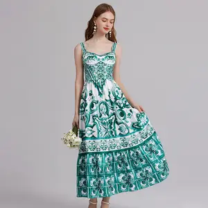 보헤미안 스타일 2024 여성용 여름 드레스를 위한 새로운 프린트 캐미솔 원피스, 웨이스트 업 레이디 우아한 원피스, 대형 스윙 롱 원피스