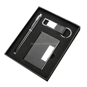 High quality laser engraved logo business card holder, pen and keychain corporate gift set