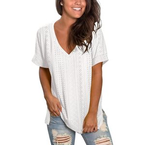 T-shirt femme col en V à œillets, manches courtes, fentes latérales, haut d'été respirant en coton tissé - Product Image 1