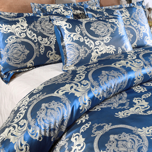 Juego de edredón Jacquard azul real sedoso de satén de lujo de estilo barroco Retro europeo patrón impreso con cremallera oculta - Product Image 2