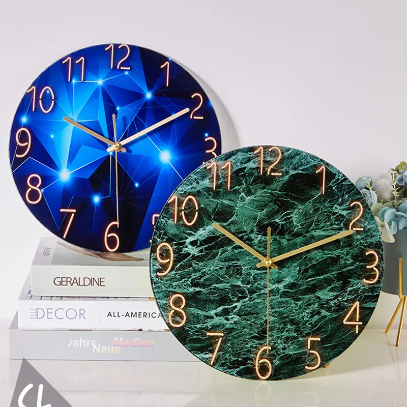 Reloj de pared con diseño de mármol personalizado, cronógrafo de cuarzo silencioso clásico impreso, venta al por mayor