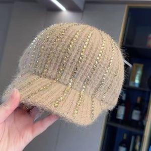 Gorra de Béisbol de 7 Paneles con Rayas y Pedrería, Estilo Coreano para Mujer, Otoño Invierno, a la Moda, en Gris, Beige, Rosa y Negro - Product Image 2