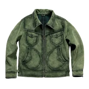 Wholesale New Custom Thickened Real Leather Jacket Green Vintage Youth Casual Men's Suede Cowhide Jacket & Cow Skin Clothings