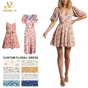 Clothing Manufacturers Custom Women Ladies Mini Print Flower Deep V-Neck Girls Beach Summer Lady Elegant Casual Short Dresses