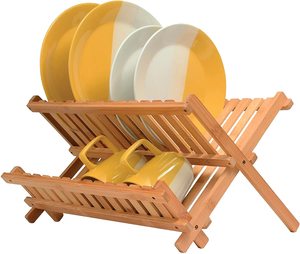 Kitchen Countertop Foldable Bamboo 2-Tier Dish Drainer Kitchen Plate Rack