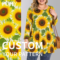 POVTY Custom Printed Milk Silk Damen Plus Size Bequeme weiche lose lässige Langarm-Tunika mit Rundhals ausschnitt und Plissee-Tunika