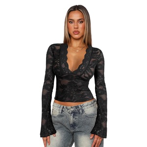 Top Corto Vintage in Pizzo Floreale da <span class=keywords><strong>Donna</strong></span>, Manica Lunga, Trasparente, Aderente, con Scollatura Profonda, Streetwear Estivo - Product Image 1