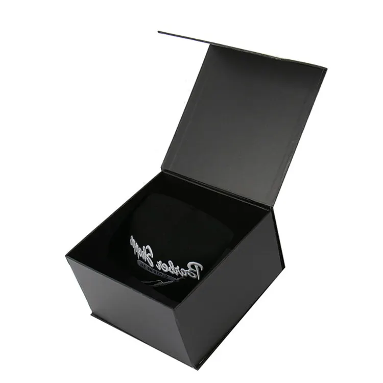 Promocional oem atacado luxo logotipo personalizado preto magnético papel dobrável caixa papelão embalagem para chapéus