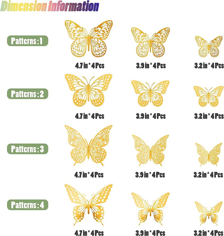 JYAO 3D Butterfly Wall Decor 48 Pcs 4 Styles 3 Sizes Gold Butterfly ...