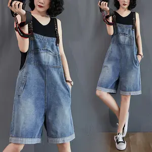 New Women Summer Strap Overalls Wide Leg Half Length Denim Shorts Solid Color Suspender Trousers Pants Loose Waist Casual Shorts