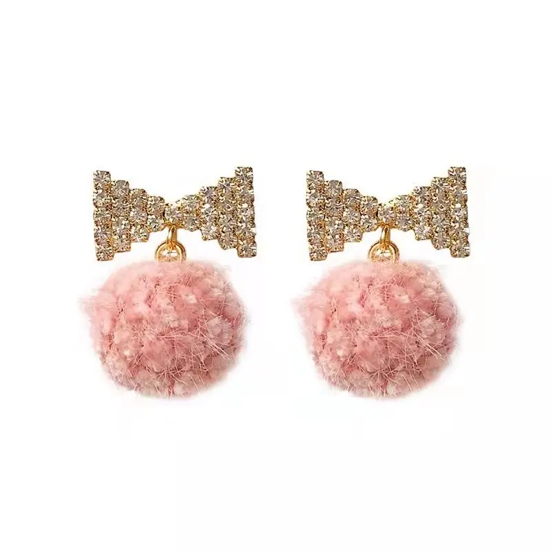 Exquisite Female Jewelry Sparkling Crystal Bow Fur Ball Earrings Post Hair Ball Earrings for Gifts