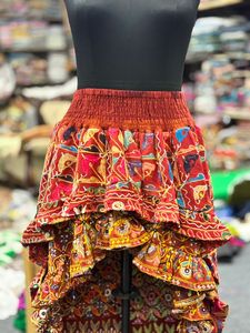 Bohemian Asymmetrical Maxi <b>Skirt</b> Women <b>Elastic</b> <b>Waist</b> Hand Embroidered Ruffles Geometric Pattern Breathable Cotton Ankle Length - Product Image 2
