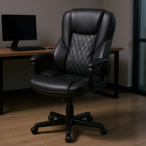 Chaise de bureau ergonomique à dossier haut en cuir PU noir, chaise de direction réglable en hauteur avec roulettes pivotantes - Product Image 2