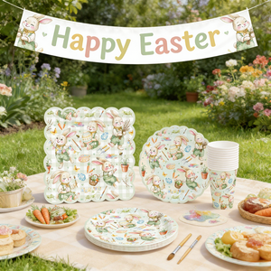 DAMAI - Vajilla de Papel para Fiesta de Pascua, Platos, Vasos y Servilletas con Diseño de Conejo Verde y Flores Primaverales, para 8 Personas - Product Image 1