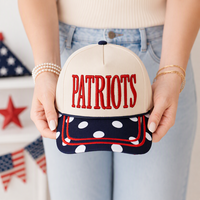 Op maat gemaakte marineblauwe witte polkadot pet met geborduurd Patriots 3D-logo, snapback sluiting en koord, voor heren en dames, sportstijl
