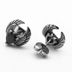 yunnique Stud <b>Earrings</b> <b>Wings</b> Heart Shape Black Zircon Claw Setting Titanium Steel Fashion Jewelry - Product Image 1