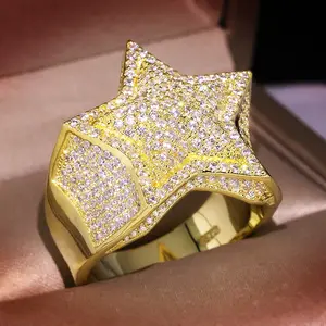 Retro Hip-Hop Stijl Sieraden 18K Vergulde Zware Industrie Ontwerp Volledig Diamanten Ring Trendy Zirkoon Ster Ringen Voor Mannen Vrouwen