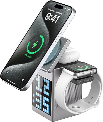 Popular 2025 Magnetic PD Wireless Charger 6-in-1 Station Speaker Alarm Clock Phone Earphones Watch-360 Rotation Type-C Port