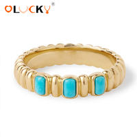LUCKYJIU Fabricantes de Joyería Personalizada, Anillos de Eternidad de Turquesa con Borde de Acero Inoxidable Resistente al Agua, Chapados en Oro de 18k, para Mujer, Uso Diario