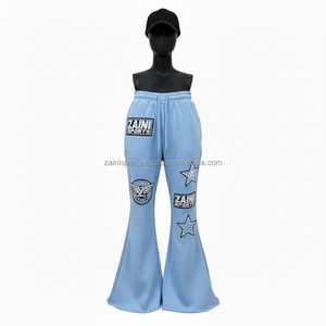 Pantalones de Mujer Azul Cielo, Estilo Flare, Tela de Felpa Premium de 320 GSM, Suaves y Elásticos, con Logotipo de Parche Cosido Personalizable - Product Image 1