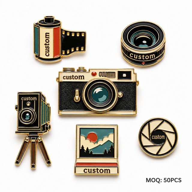 Manufacturer Custom Vintage Camera Enamel Pins Photography Theme Metal Badge Soft Hard Enamel Souvenir Pins