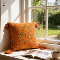 Housse de coussin en velours brodée de fleurs - Housse de coussin orange bohème avec pompons - Coussin décoratif vintage pour canapé-lit