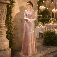 Robe de soirée irisée or rose à sequins, col en V, manches à franges perlées, longueur ras du sol, robe de fête, vente en gros personnalisée