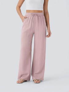 กางเกงขายาวทรงตรงเอวสูงสำหรับผู้หญิง มีเชือกผูก เอวสูง ระบายอากาศได้ดี เป็นมิตรกับสิ่งแวดล้อม ผ้าฝ้าย มีกระเป๋าข้าง ทรงหลวม ใส่สบาย เหมาะสำหรับไปเที่ยวชายหาด - Product Image 5