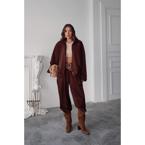 Pantalones Harem de satén elegantes para mujer, color marrón oscuro, holgados, cómodos, de cintura alta, para uso informal - Product Image 4