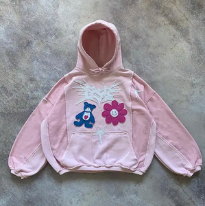 HG2016 Heavyweight <b>Drop</b> Shoulder Distressed Patch Applique Embroidery Pullover Vintage <b>Acid</b> Wash Hoodie for Men - Product Image 4