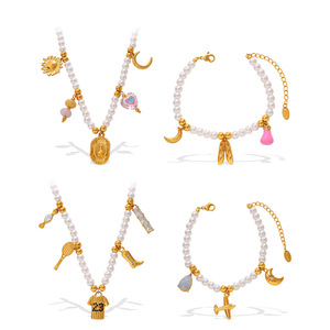 Freshwater Pearl <b>Bracelet</b> Necklace <b>Set</b> With Gold Charms For Women Everyday Wear Sweet Girl Style Jewelry <b>Set</b> - Product Image 5