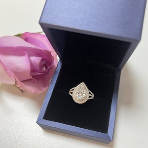 AU585 14K Pure Yellow Gold Two Rows Halo Big <strong>Stone</strong> 3CT 7X11MM Pear Cut Moissanite Engagement Ring Designs Women - Product Image 2