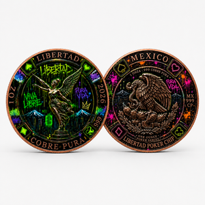 Pièce de poker Libertad Mexique 2026 de 1 once en cuivre pur .999, colorée au néon style graffiti, pièce de défi souvenir avec coffret de présentation - Product Image 2