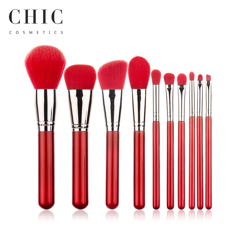 Promotional Low Price 10pcs Big Red Makeup Brushes Christmas Special Edition Chinese Red Beauty Tools Set with Cosmetic Bag