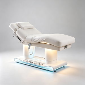 เตียงนวดหน้าไฟฟ้าสีขาว หุ้มหนัง PU ปรับระดับได้ พร้อมไฟ LED ควบคุมด้วยเท้า - Product Image 1