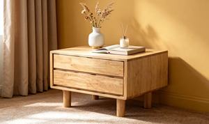 Premium Solid 2 <b>Drawer</b> Nightstand, Minimalist Wooden Bedside Table with Round Legs for Bedroom - Product Image 6