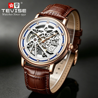 TEVISE Montre Automatique Homme de Luxe Squelette Bracelet en Cuir Véritable 44mm Étanche 3ATM Légère 64g