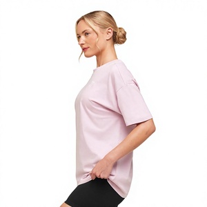 Women's <b>Pink</b> Crew Neck Short Sleeve Crop <b>Top</b> 100% Cotton Jersey Loose Fit Casual Spring Summer Solid Color T-Shirt - Product Image 5