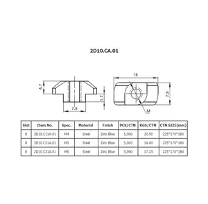 2D10.CA.01 Facilmente di montaggio accessori per profili in alluminio di slot 8 m4/m5/m6 goccia in testa di martello dado