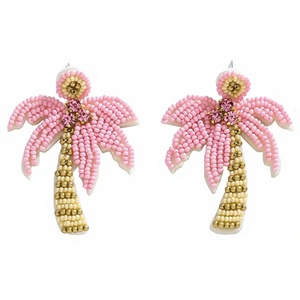 Pink Beaded Palm Tree <b>Stud</b> <b>Earrings</b> Women's Cute <b>Crystal</b> Rhinestone Party Jewelry Gold Plated Acrylic Resin Fashion <b>Earrings</b> - Product Image 1