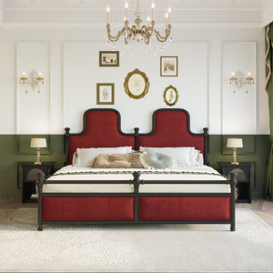 เตียงห้องนอนสไตล์วินเทจฝรั่งเศสสีดำด้านหลังสูงไม้เนื้อแข็งเตียงขนาดคิงไซส์ผ้ากำมะหยี่นุ่ม - Product Image 5