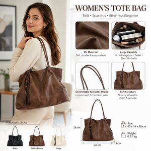Bolso Tote Vintage para Mujer, Gran Capacidad, de Cuero PU, Bolso de Hombro con Borla Decorativa, Venta al Por Mayor - Product Image 1