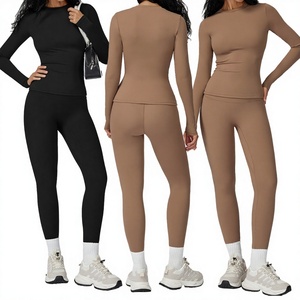 Conjunto Deportivo de Yoga para Mujer, 2 Piezas, Sólido, para Gimnasio, Fitness, Running, Entrenamiento, Manga Larga, Cintura Elástica, Absorbe el Sudor - Product Image 3