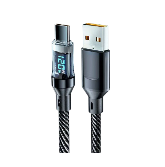 Premium 120W PD Fast Charging USB-A to USB-C Cable | 5A Nylon Braided | LED Power Display Black Color for IOS & Mobile Phones