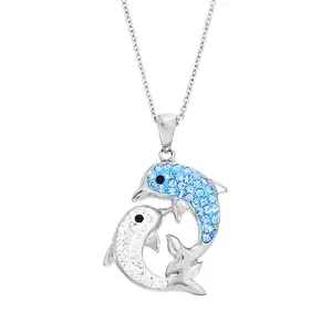 925 Sterling Silber Juwel Sea Creature Clay Schmuck Drop Dolphin mit Aqua Crystals Anhänger für Kid Girls